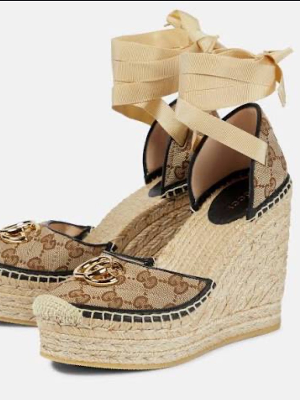 Gucci Beige GG Monogram Espadrille Wedges Matelasse